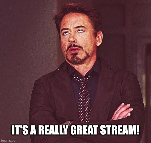 Robert Downey Jr Annoyed | IT'S A REALLY GREAT STREAM! | image tagged in robert downey jr annoyed | made w/ Imgflip meme maker