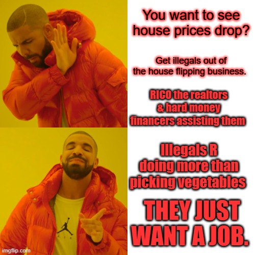 LIAR loans no down payments DEM policies designed for illegals. | You want to see house prices drop? Get illegals out of the house flipping business. RICO the realtors & hard money financers assisting them; Illegals R doing more than picking vegetables; THEY JUST WANT A JOB. | image tagged in memes,drake hotline bling | made w/ Imgflip meme maker