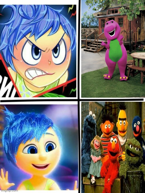 Joy hates Barney but she loves Sesame Street | image tagged in inside out,joy,sesame street,barney the dinosaur,barney sucks,barney is rubbish | made w/ Imgflip meme maker