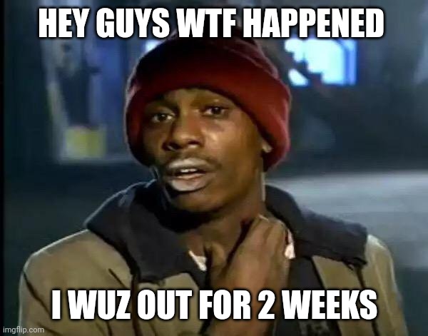 Sans the topic | HEY GUYS WTF HAPPENED; I WUZ OUT FOR 2 WEEKS | image tagged in memes,y'all got any more of that | made w/ Imgflip meme maker