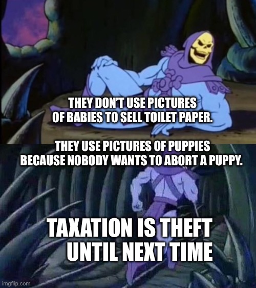 Uncomfortable Truth Skeletor | THEY DON’T USE PICTURES OF BABIES TO SELL TOILET PAPER.                           THEY USE PICTURES OF PUPPIES BECAUSE NOBODY WANTS TO ABORT A PUPPY. TAXATION IS THEFT       UNTIL NEXT TIME | image tagged in uncomfortable truth skeletor | made w/ Imgflip meme maker