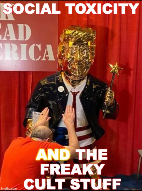 Golden Trump | SOCIAL TOXICITY AND THE FREAKY CULT STUFF AND | image tagged in golden trump | made w/ Imgflip meme maker