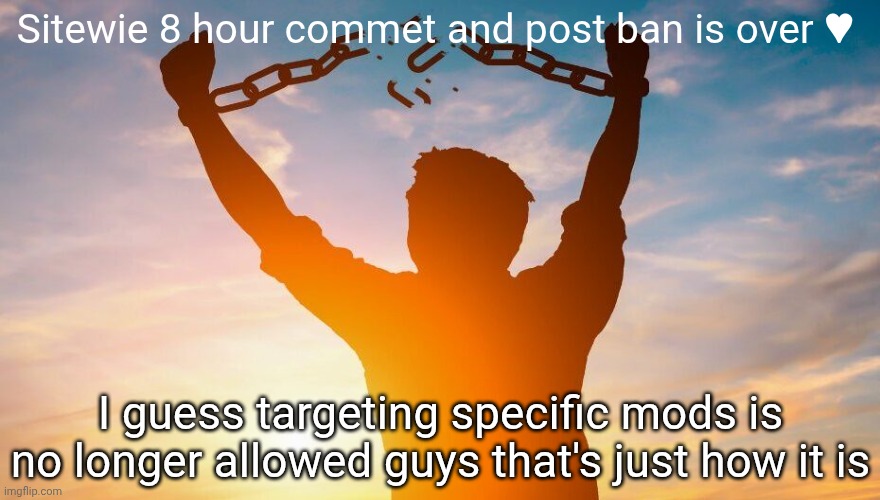 I | Sitewie 8 hour commet and post ban is over ♥; I guess targeting specific mods is no longer allowed guys that's just how it is | image tagged in breaking chains | made w/ Imgflip meme maker