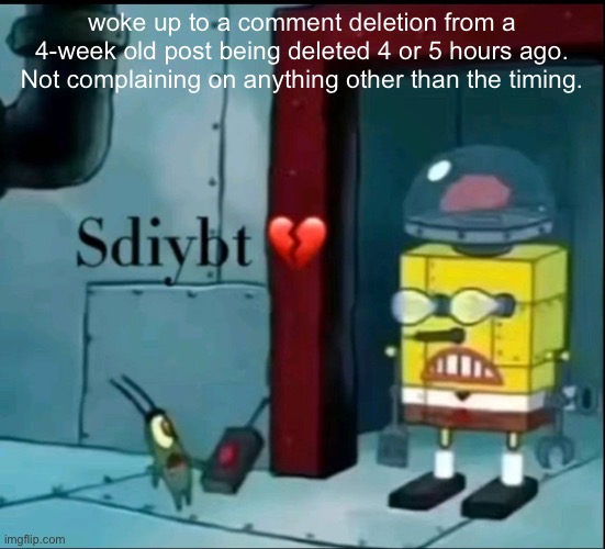 sdiybt | woke up to a comment deletion from a 4-week old post being deleted 4 or 5 hours ago. Not complaining on anything other than the timing. | image tagged in sdiybt | made w/ Imgflip meme maker