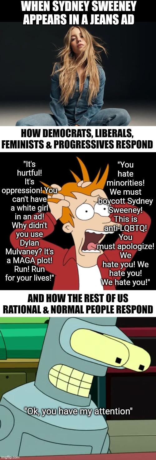 Democrats now want to declare war on busty beautiful blondes? Is any of this making sense? Good luck with that losers! | WHEN SYDNEY SWEENEY APPEARS IN A JEANS AD; "You hate minorities! We must boycott Sydney Sweeney! This is anti-LQBTQ! You must apologize! We hate you! We hate you! We hate you!"; "It's hurtful! It's oppression! You can't have a white girl in an ad! Why didn't you use Dylan Mulvaney? It's a MAGA plot! Run! Run for your lives!"; HOW DEMOCRATS, LIBERALS, FEMINISTS & PROGRESSIVES RESPOND; AND HOW THE REST OF US RATIONAL & NORMAL PEOPLE RESPOND; "Ok, you have my attention" | image tagged in liberal vs conservative,triggered liberal,stupid people,liberal hypocrisy,ads,blinded by the light | made w/ Imgflip meme maker