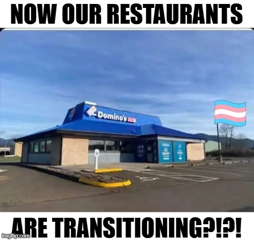 NOW OUR RESTAURANTS; ARE TRANSITIONING?!?! | image tagged in transgender,pizza hut,dominos | made w/ Imgflip meme maker