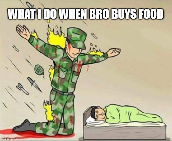 Soldier protecting sleeping child | WHAT I DO WHEN BRO BUYS FOOD | image tagged in soldier protecting sleeping child | made w/ Imgflip meme maker
