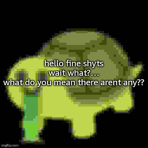 anyway hello chat | hello fine shyts
wait what?…
what do you mean there arent any?? | image tagged in low quality barfing turtle | made w/ Imgflip meme maker