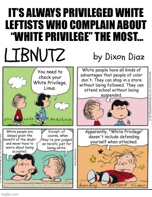 Yep… | IT’S ALWAYS PRIVILEGED WHITE 
LEFTISTS WHO COMPLAIN ABOUT 
“WHITE PRIVILEGE” THE MOST… | image tagged in political meme,comics,libnutz,linus and lucy,white privilege,leftists | made w/ Imgflip meme maker