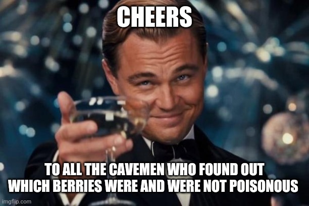 Leonardo Dicaprio Cheers | CHEERS; TO ALL THE CAVEMEN WHO FOUND OUT WHICH BERRIES WERE AND WERE NOT POISONOUS | image tagged in memes,leonardo dicaprio cheers | made w/ Imgflip meme maker