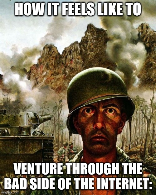 Soldier meme | HOW IT FEELS LIKE TO; VENTURE THROUGH THE BAD SIDE OF THE INTERNET: | image tagged in soldier meme | made w/ Imgflip meme maker
