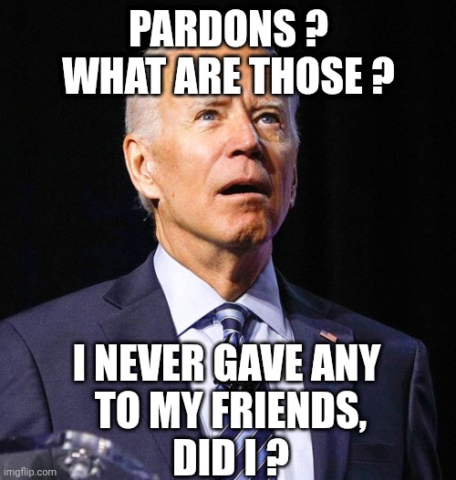 Joe Biden | PARDONS ?
WHAT ARE THOSE ? I NEVER GAVE ANY 
TO MY FRIENDS,
DID I ? | image tagged in joe biden | made w/ Imgflip meme maker