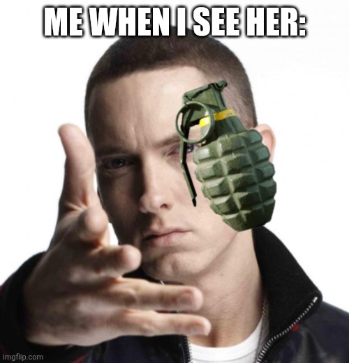 Eminem throwing grenade | ME WHEN I SEE HER: | image tagged in eminem throwing grenade | made w/ Imgflip meme maker