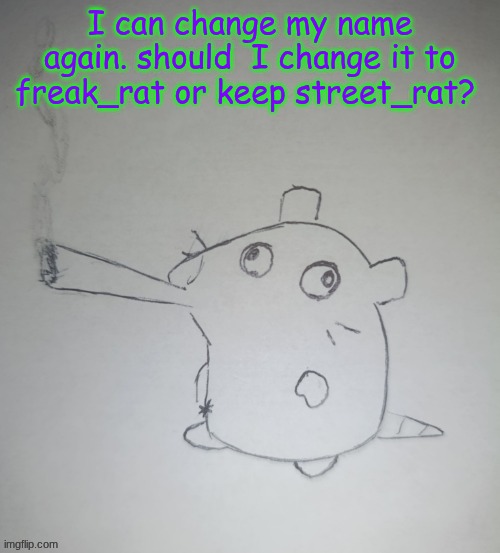 dumbass rat smoking a fat blunt(credits to shadowskul) | I can change my name again. should  I change it to freak_rat or keep street_rat? | image tagged in dumbass rat smoking a fat blunt credits to shadowskul | made w/ Imgflip meme maker