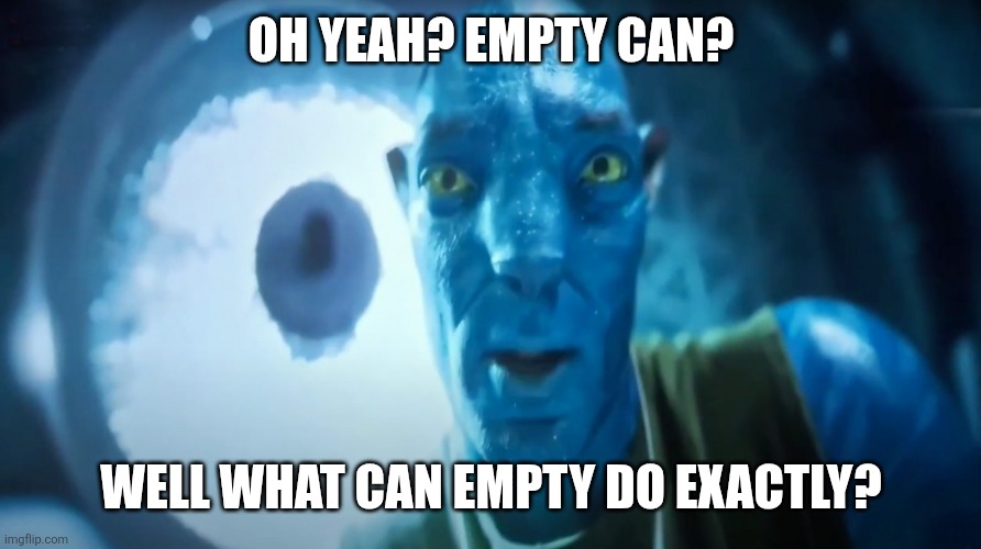 This meme appeared in my dream last night | OH YEAH? EMPTY CAN? WELL WHAT CAN EMPTY DO EXACTLY? | image tagged in staring avatar guy | made w/ Imgflip meme maker