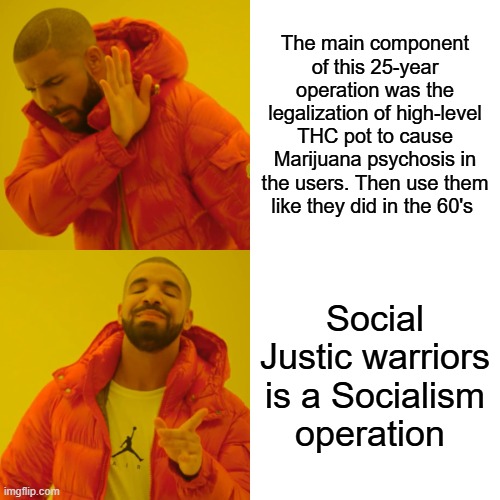In the70- 80s they sprayed Paraquat on the Pot no telling what they put on it now. Could explain the growing insanity | The main component of this 25-year operation was the legalization of high-level THC pot to cause Marijuana psychosis in the users. Then use them like they did in the 60's; Social Justic warriors is a Socialism operation | image tagged in memes,drake hotline bling | made w/ Imgflip meme maker