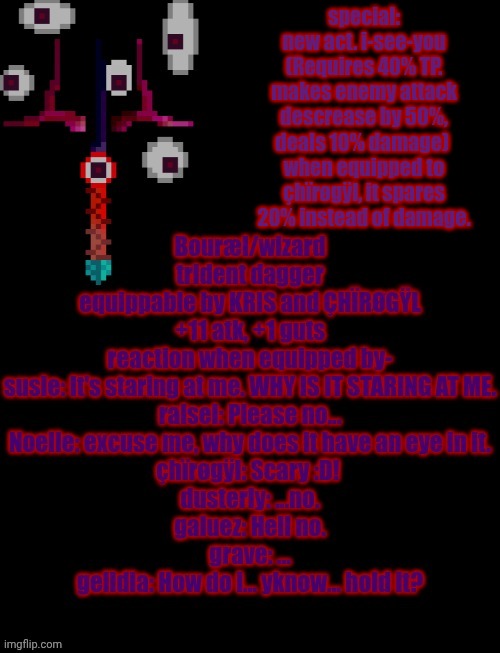mmmh tasty — my OC's weapons: Bouræl/wizard (why is it so blurry) | special: new act. i-see-you (Requires 40% TP. makes enemy attack descrease by 50%, deals 10% damage) 
when equipped to çhïrøgÿl, it spares 20% instead of damage. | image tagged in deltarune,oc | made w/ Imgflip meme maker