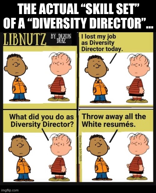 That’s mostly what they do… | THE ACTUAL “SKILL SET” OF A “DIVERSITY DIRECTOR”… | image tagged in political meme,peanuts,diversity director,libnutz | made w/ Imgflip meme maker