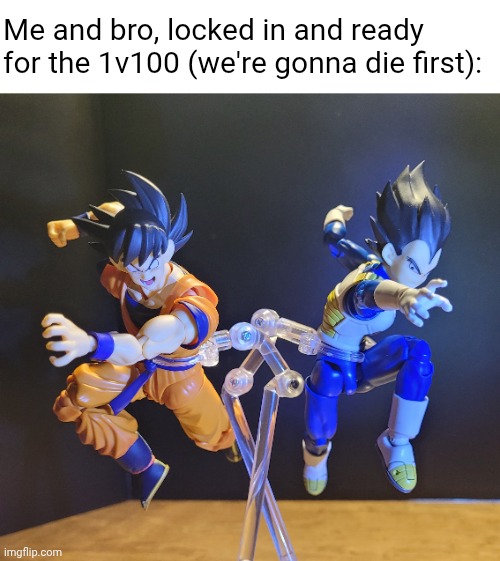 I think I might have something here... | Me and bro, locked in and ready for the 1v100 (we're gonna die first): | image tagged in anime,dragon ball,bro,100 humans vs 1 gorilla,action figures | made w/ Imgflip meme maker