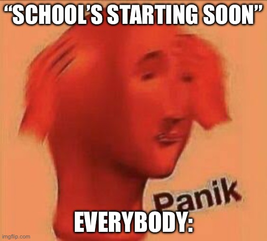 SUPER PANIK | “SCHOOL’S STARTING SOON”; EVERYBODY: | image tagged in super panik | made w/ Imgflip meme maker