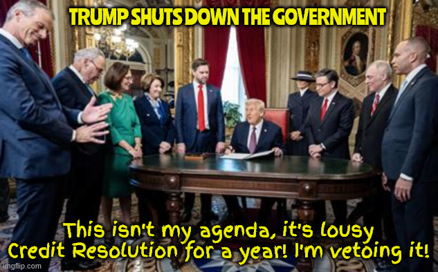 Trump starts the government shutdown | TRUMP SHUTS DOWN THE GOVERNMENT; This isn't my agenda, it's lousy Credit Resolution for a year! I'm vetoing it! | image tagged in trump starts the government shutdown,trump vetos spending bill,trumpertantrum,us debtor nation,trump's bankrupt,impeach trump | made w/ Imgflip meme maker