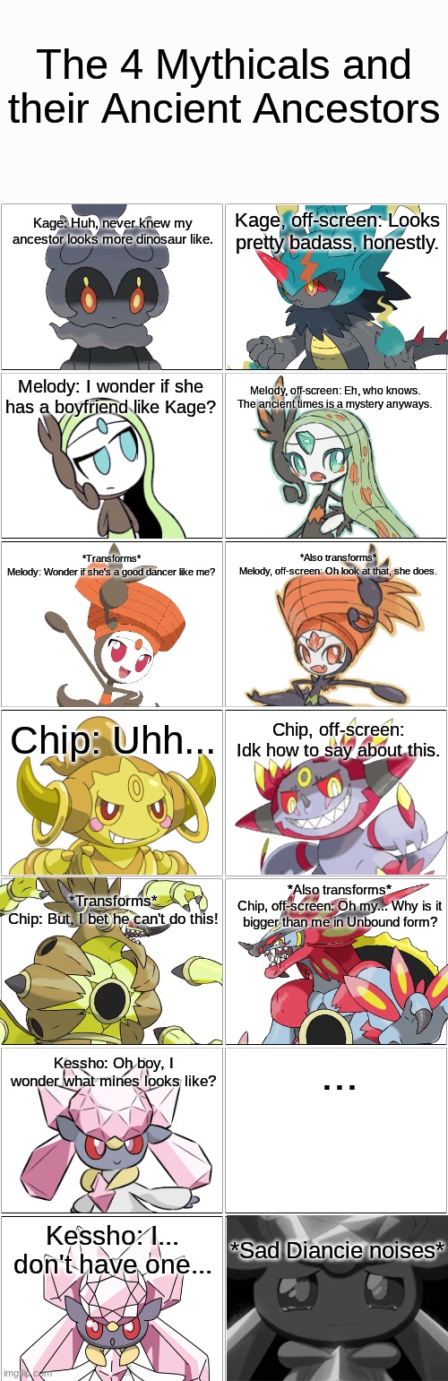 The 4 Mythicals: Ancestors.mp3 | image tagged in the 4 mythicals,kage and melody,chip and kessho,paradox,past,comic | made w/ Imgflip meme maker