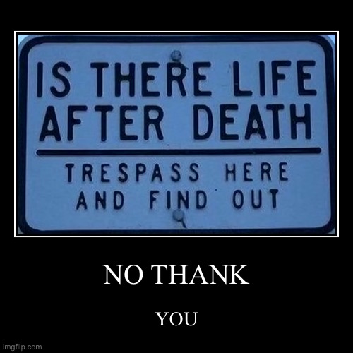 There might be life after death. Stick around to find out. | NO THANK | YOU | image tagged in funny,demotivationals | made w/ Imgflip demotivational maker