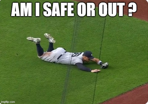 Baseball player asks "Am I safe or out".   - funny - | AM I SAFE OR OUT ? | image tagged in sports,funny,baseball,mlb,humor | made w/ Imgflip meme maker
