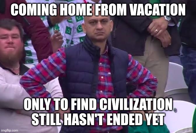 Disappointed Man | COMING HOME FROM VACATION; ONLY TO FIND CIVILIZATION STILL HASN'T ENDED YET | image tagged in disappointed man | made w/ Imgflip meme maker