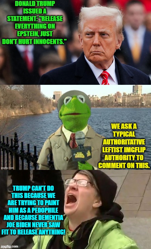 Oops, eh leftists? | DONALD TRUMP ISSUED A STATEMENT: "RELEASE EVERYTHING ON EPSTEIN, JUST DON’T HURT INNOCENTS."; WE ASK A TYPICAL AUTHORITATIVE LEFTIST IMGFLIP AUTHORITY TO COMMENT ON THIS. TRUMP CAN'T DO THIS BECAUSE WE ARE TRYING TO PAINT HIM AS A PEDOPHILE AND BECAUSE DEMENTIA JOE BIDEN NEVER SAW FIT TO RELEASE ANYTHING! | image tagged in yep | made w/ Imgflip meme maker