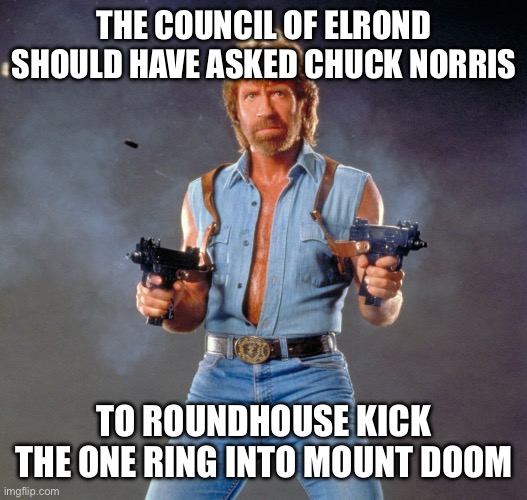 It would’ve saved them the trip! | THE COUNCIL OF ELROND SHOULD HAVE ASKED CHUCK NORRIS; TO ROUNDHOUSE KICK THE ONE RING INTO MOUNT DOOM | image tagged in memes,chuck norris guns,chuck norris,lord of the rings,lotr | made w/ Imgflip meme maker