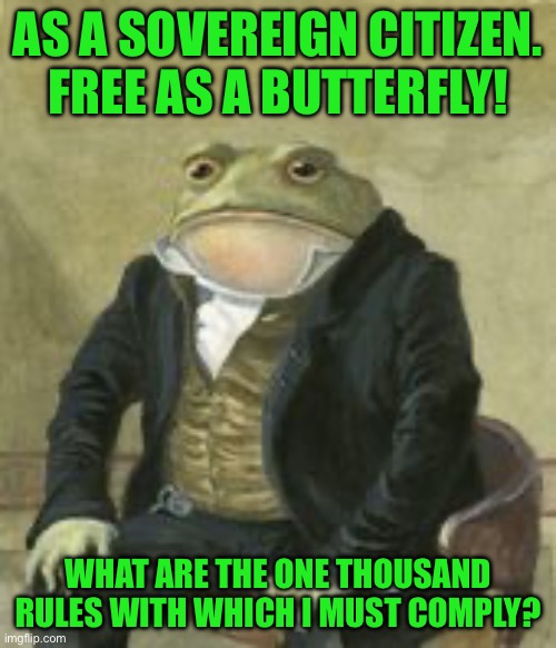 Colonel Toad | AS A SOVEREIGN CITIZEN. FREE AS A BUTTERFLY! WHAT ARE THE ONE THOUSAND RULES WITH WHICH I MUST COMPLY? | image tagged in colonel toad | made w/ Imgflip meme maker