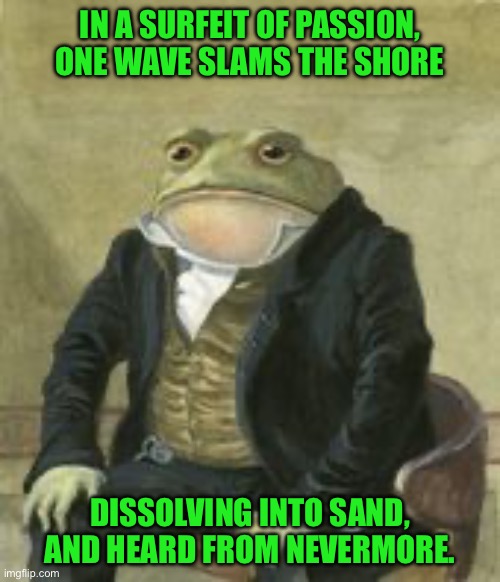 Colonel Toad | IN A SURFEIT OF PASSION, ONE WAVE SLAMS THE SHORE; DISSOLVING INTO SAND, AND HEARD FROM NEVERMORE. | image tagged in colonel toad | made w/ Imgflip meme maker