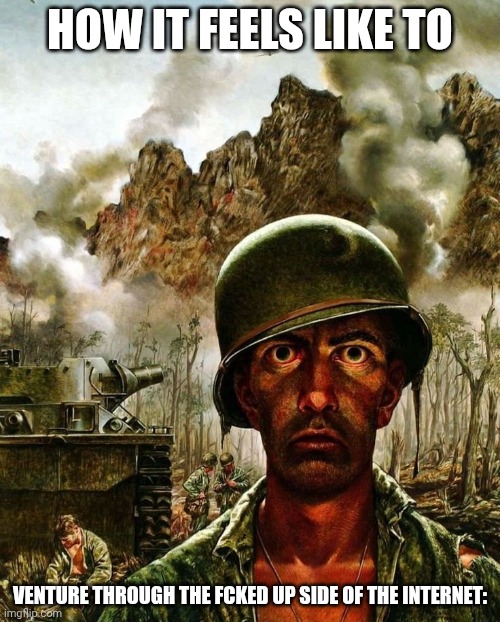 Soldier meme | HOW IT FEELS LIKE TO; VENTURE THROUGH THE FCKED UP SIDE OF THE INTERNET: | image tagged in soldier meme | made w/ Imgflip meme maker