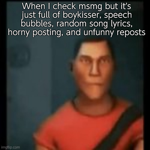 Disappointed Scout | When I check msmg but it's just full of boykisser, speech bubbles, random song lyrics, horny posting, and unfunny reposts | image tagged in disappointed scout | made w/ Imgflip meme maker