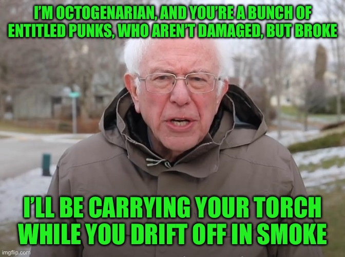 Bernie Sanders Once Again Asking | I’M OCTOGENARIAN, AND YOU’RE A BUNCH OF ENTITLED PUNKS, WHO AREN’T DAMAGED, BUT BROKE; I’LL BE CARRYING YOUR TORCH WHILE YOU DRIFT OFF IN SMOKE | image tagged in bernie sanders once again asking | made w/ Imgflip meme maker