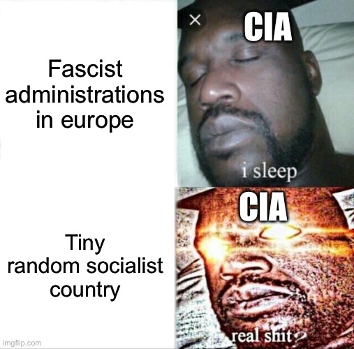 Sleeping Shaq | CIA; Fascist administrations in europe; CIA; Tiny random socialist country | image tagged in memes,sleeping shaq | made w/ Imgflip meme maker