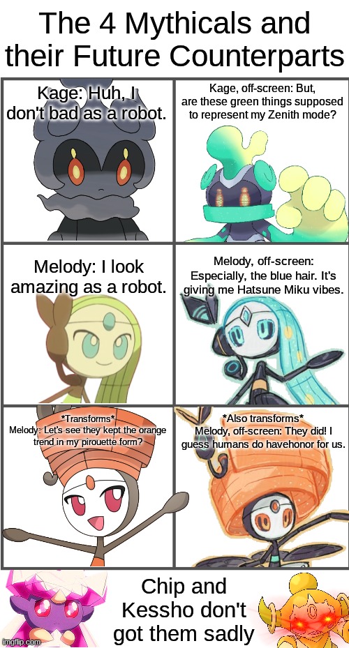 The 4 Mythicals: The Future.mp3 | image tagged in the 4 mythicals,kage and melody,chip and kessho,comic,paradox,future | made w/ Imgflip meme maker