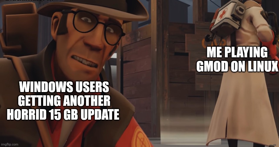 Linux is king | ME PLAYING GMOD ON LINUX; WINDOWS USERS GETTING ANOTHER HORRID 15 GB UPDATE | image tagged in worried sniper tf2 | made w/ Imgflip meme maker