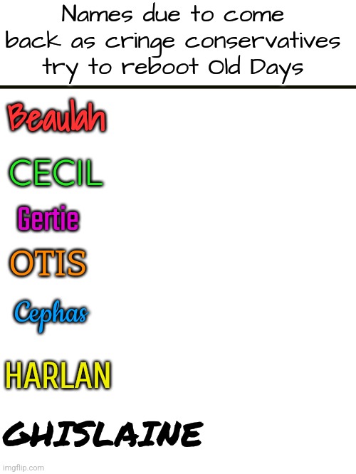 Also "Allison" lol | Names due to come back as cringe conservatives try to reboot Old Days; Beaulah; CECIL; Gertie; OTIS; Cephas; HARLAN; GHISLAINE | image tagged in blank white template,name | made w/ Imgflip meme maker