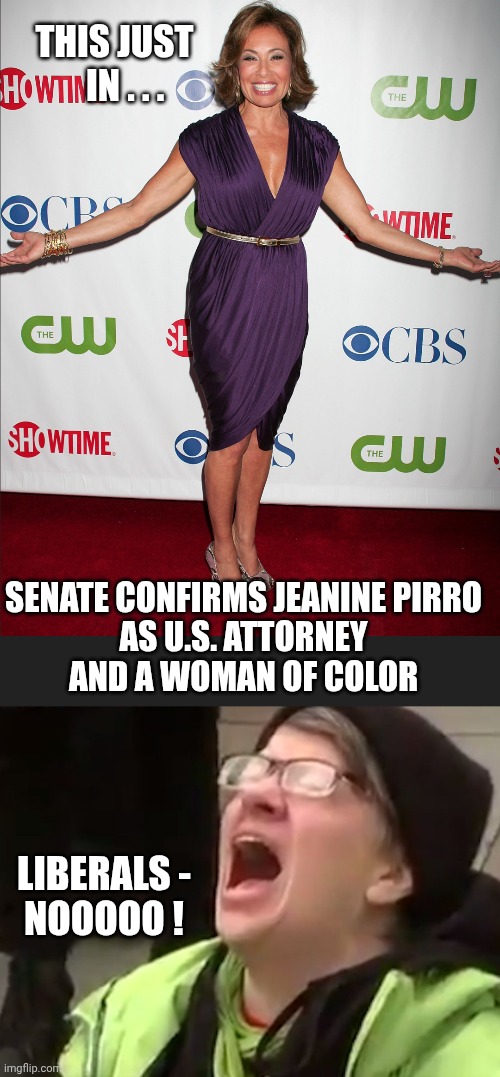DEI is not necessary, Libs - Just Credentials | THIS JUST 
  IN . . . SENATE CONFIRMS JEANINE PIRRO
AS U.S. ATTORNEY
AND A WOMAN OF COLOR; LIBERALS -
NOOOOO ! | image tagged in screaming liberal,leftists,liberals,democrats,dei | made w/ Imgflip meme maker