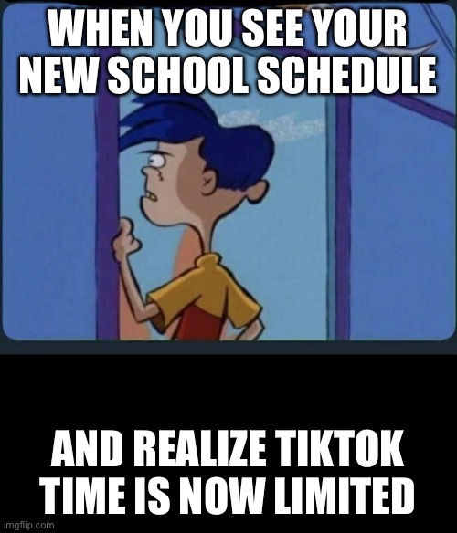 Finding time to make TikTok videos in school | WHEN YOU SEE YOUR NEW SCHOOL SCHEDULE; AND REALIZE TIKTOK TIME IS NOW LIMITED | image tagged in ed edd n eddy rolf,ed edd n eddy,tiktok,ed edd and eddy facts,school,first day of school | made w/ Imgflip meme maker