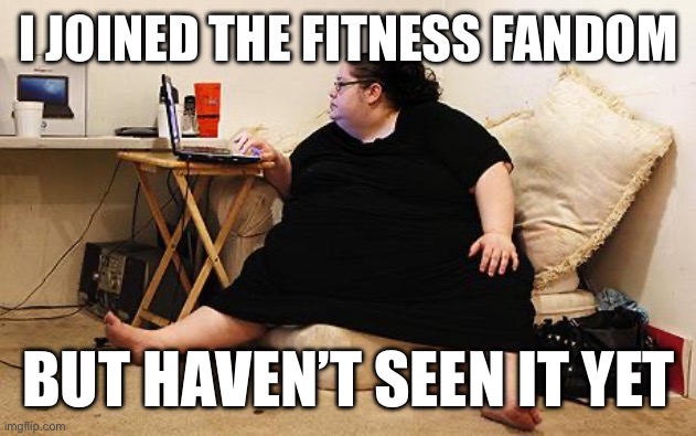 Obese Woman at Computer | I JOINED THE FITNESS FANDOM; BUT HAVEN’T SEEN IT YET | image tagged in obese woman at computer | made w/ Imgflip meme maker