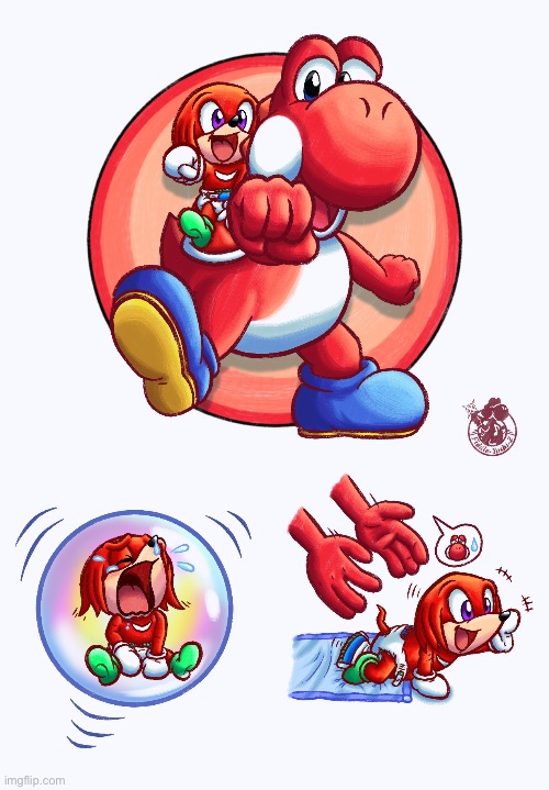 Red Yoshi & baby Knuckles | image tagged in red yoshi baby knuckles | made w/ Imgflip meme maker