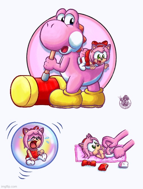 Pink Yoshi & baby Amy | image tagged in pink yoshi baby amy | made w/ Imgflip meme maker