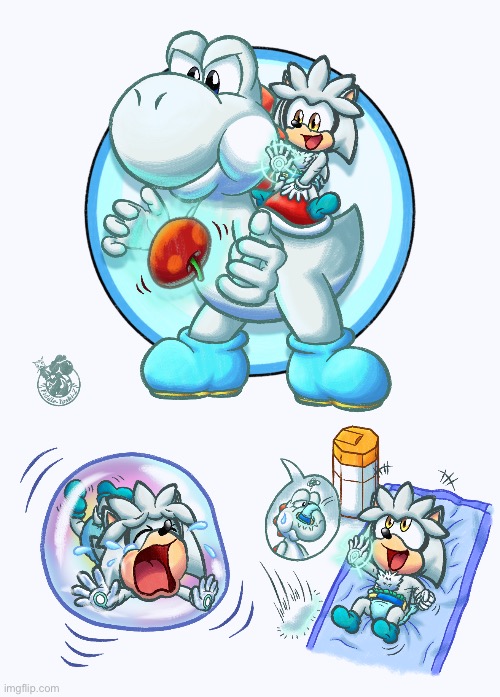 White Yoshi & baby Silver | image tagged in white yoshi baby silver | made w/ Imgflip meme maker