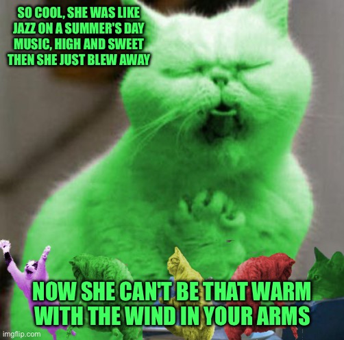 Steve Catwood | SO COOL, SHE WAS LIKE
JAZZ ON A SUMMER'S DAY
MUSIC, HIGH AND SWEET
THEN SHE JUST BLEW AWAY; NOW SHE CAN'T BE THAT WARM
WITH THE WIND IN YOUR ARMS | image tagged in opera raycat,memes | made w/ Imgflip meme maker