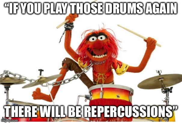 Re-drumming | “IF YOU PLAY THOSE DRUMS AGAIN; THERE WILL BE REPERCUSSIONS” | image tagged in animal drums,drums,repercussions,oh god i have done it again | made w/ Imgflip meme maker