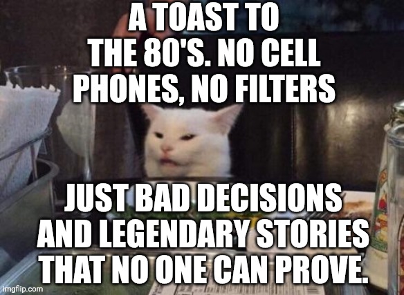 Smudge that darn cat | A TOAST TO THE 80'S. NO CELL PHONES, NO FILTERS; JUST BAD DECISIONS AND LEGENDARY STORIES THAT NO ONE CAN PROVE. | image tagged in smudge that darn cat | made w/ Imgflip meme maker