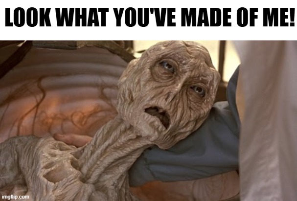 Look what you've made of me! (tired after x meme) | LOOK WHAT YOU'VE MADE OF ME! | image tagged in cocoon alien,goon,drained,tired,alien,mummy | made w/ Imgflip meme maker